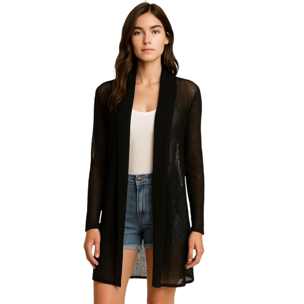 POL Sheer Lace Mesh Open Front Cardigan Duster Black Boho Festival Size L